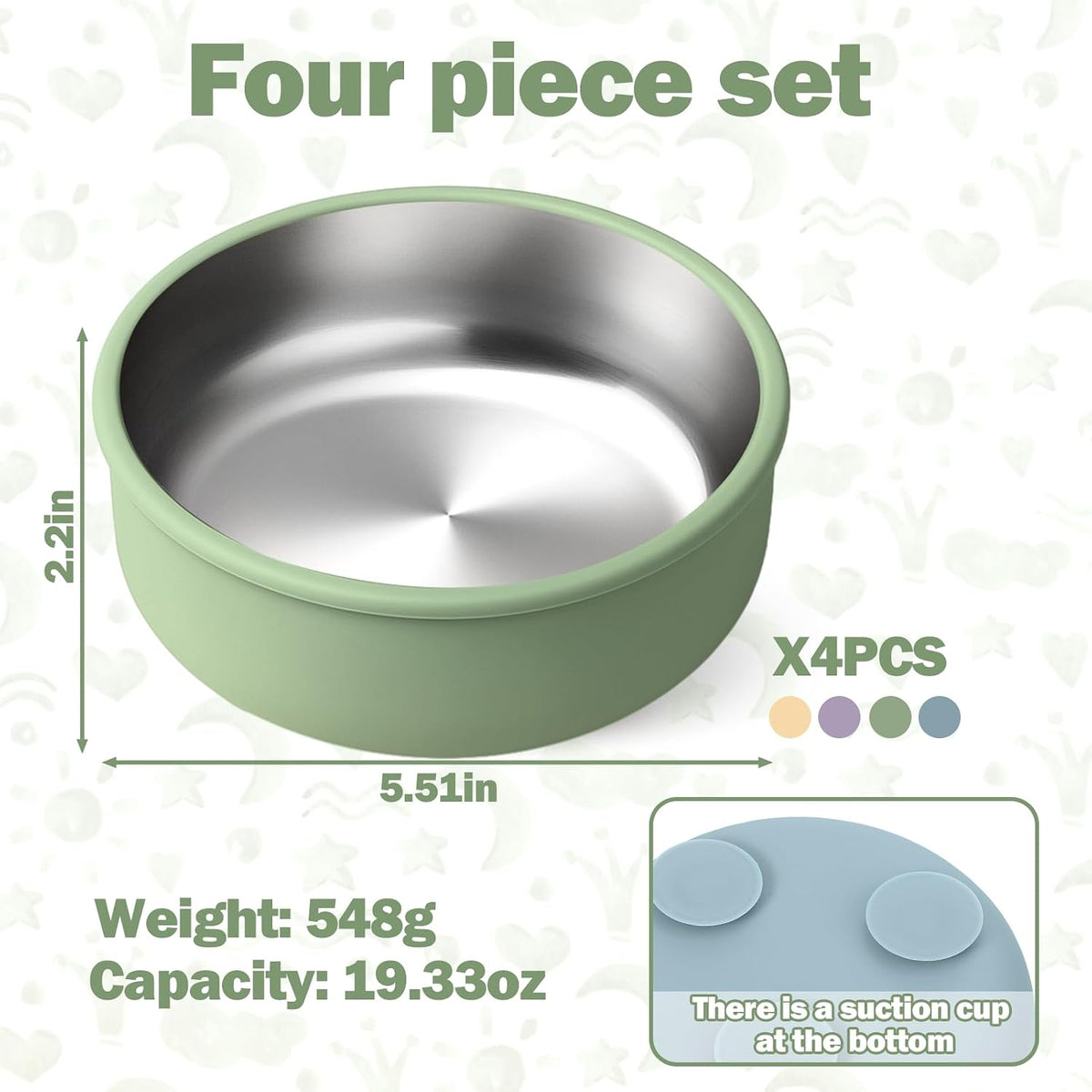 Stainless Steel & Silicone Toddler Plates and Bowls Set with Suction,5-Piece Suction Plates & Bowls for Toddler,Removable Shell,Silicones Baby Plates for Independent Eating(Light Blue) ﻿