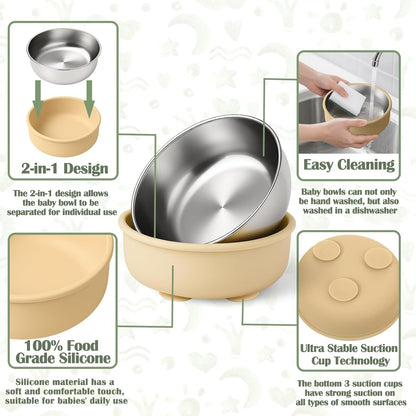 Stainless Steel & Silicone Toddler Plates and Bowls Set with Suction,5-Piece Suction Plates & Bowls for Toddler,Removable Shell,Silicones Baby Plates for Independent Eating(Light Blue) ﻿
