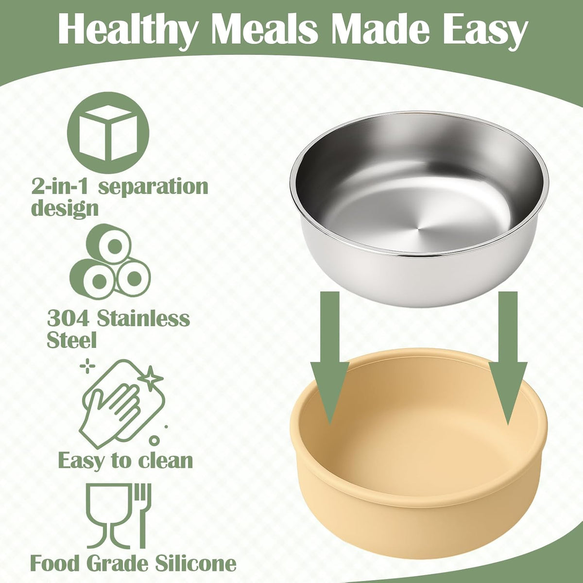 Stainless Steel & Silicone Toddler Plates and Bowls Set with Suction,5-Piece Suction Plates & Bowls for Toddler,Removable Shell,Silicones Baby Plates for Independent Eating(Light Blue) ﻿