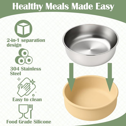 Stainless Steel & Silicone Toddler Plates and Bowls Set with Suction,5-Piece Suction Plates & Bowls for Toddler,Removable Shell,Silicones Baby Plates for Independent Eating(Light Blue) ﻿