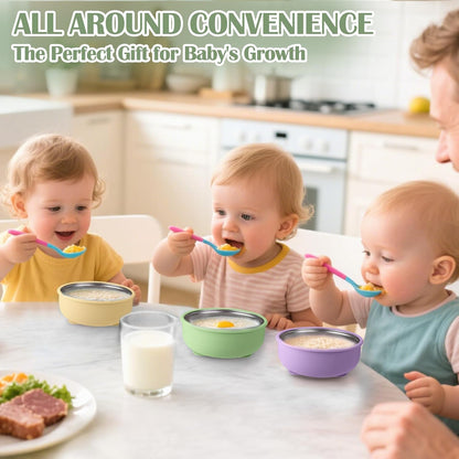 Stainless Steel & Silicone Toddler Plates and Bowls Set with Suction,5-Piece Suction Plates & Bowls for Toddler,Removable Shell,Silicones Baby Plates for Independent Eating(Light Blue) ﻿
