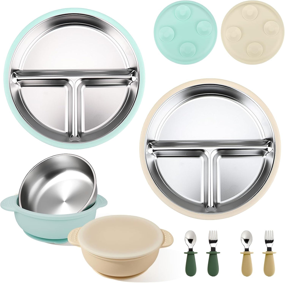 Stainless Steel & Silicone Toddler Plates and Bowls Set with Suction,5-Piece Suction Plates & Bowls for Toddler,Removable Shell,Silicones Baby Plates for Independent Eating(Light Blue) ﻿