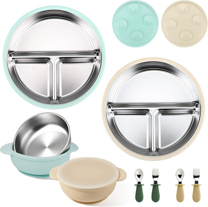 Stainless Steel & Silicone Toddler Plates and Bowls Set with Suction,5-Piece Suction Plates & Bowls for Toddler,Removable Shell,Silicones Baby Plates for Independent Eating(Light Blue) ﻿