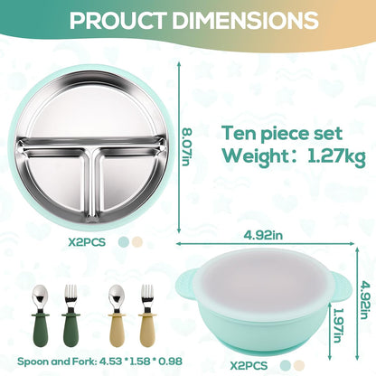 Stainless Steel & Silicone Toddler Plates and Bowls Set with Suction,5-Piece Suction Plates & Bowls for Toddler,Removable Shell,Silicones Baby Plates for Independent Eating(Light Blue) ﻿