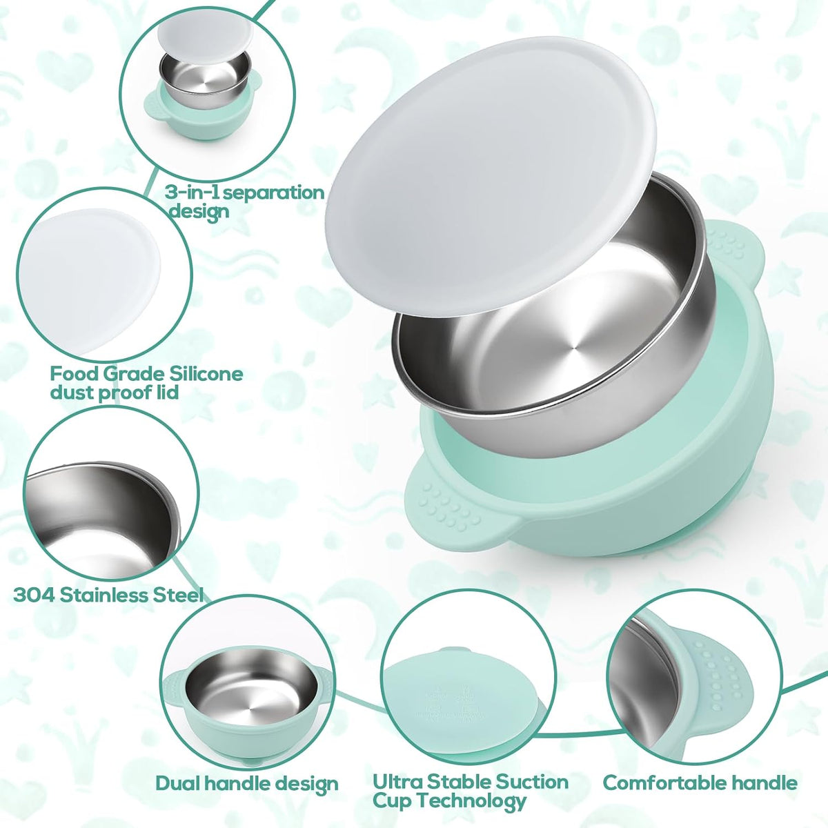 Stainless Steel & Silicone Toddler Plates and Bowls Set with Suction,5-Piece Suction Plates & Bowls for Toddler,Removable Shell,Silicones Baby Plates for Independent Eating(Light Blue) ﻿