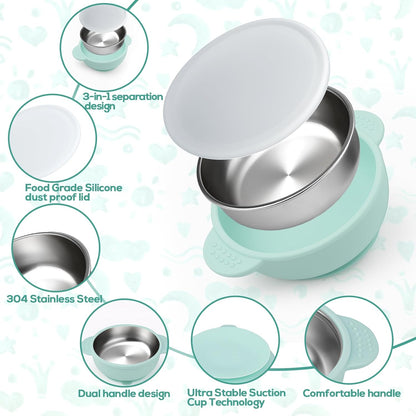 Stainless Steel & Silicone Toddler Plates and Bowls Set with Suction,5-Piece Suction Plates & Bowls for Toddler,Removable Shell,Silicones Baby Plates for Independent Eating(Light Blue) ﻿