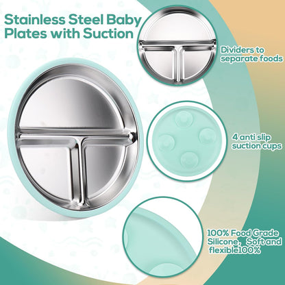 Stainless Steel & Silicone Toddler Plates and Bowls Set with Suction,5-Piece Suction Plates & Bowls for Toddler,Removable Shell,Silicones Baby Plates for Independent Eating(Light Blue) ﻿