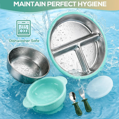 Stainless Steel & Silicone Toddler Plates and Bowls Set with Suction,5-Piece Suction Plates & Bowls for Toddler,Removable Shell,Silicones Baby Plates for Independent Eating(Light Blue) ﻿