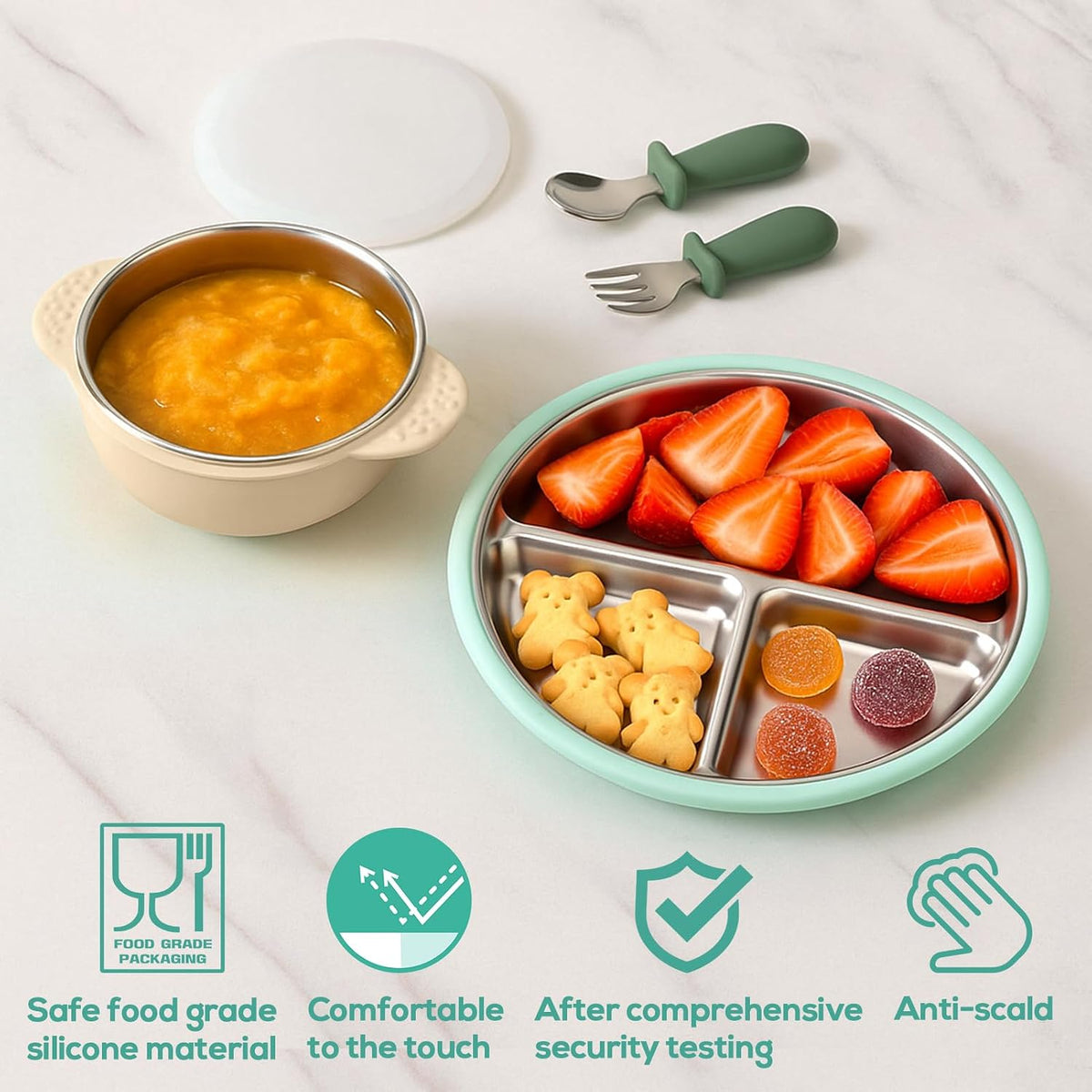 Stainless Steel & Silicone Toddler Plates and Bowls Set with Suction,5-Piece Suction Plates & Bowls for Toddler,Removable Shell,Silicones Baby Plates for Independent Eating(Light Blue) ﻿