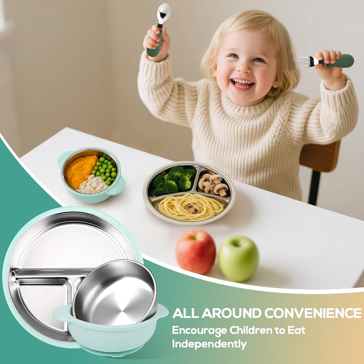 Stainless Steel & Silicone Toddler Plates and Bowls Set with Suction,5-Piece Suction Plates & Bowls for Toddler,Removable Shell,Silicones Baby Plates for Independent Eating(Light Blue) ﻿