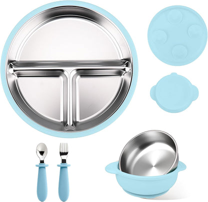 Stainless Steel & Silicone Toddler Plates and Bowls Set with Suction,5-Piece Suction Plates & Bowls for Toddler,Removable Shell,Silicones Baby Plates for Independent Eating(Light Blue) ﻿