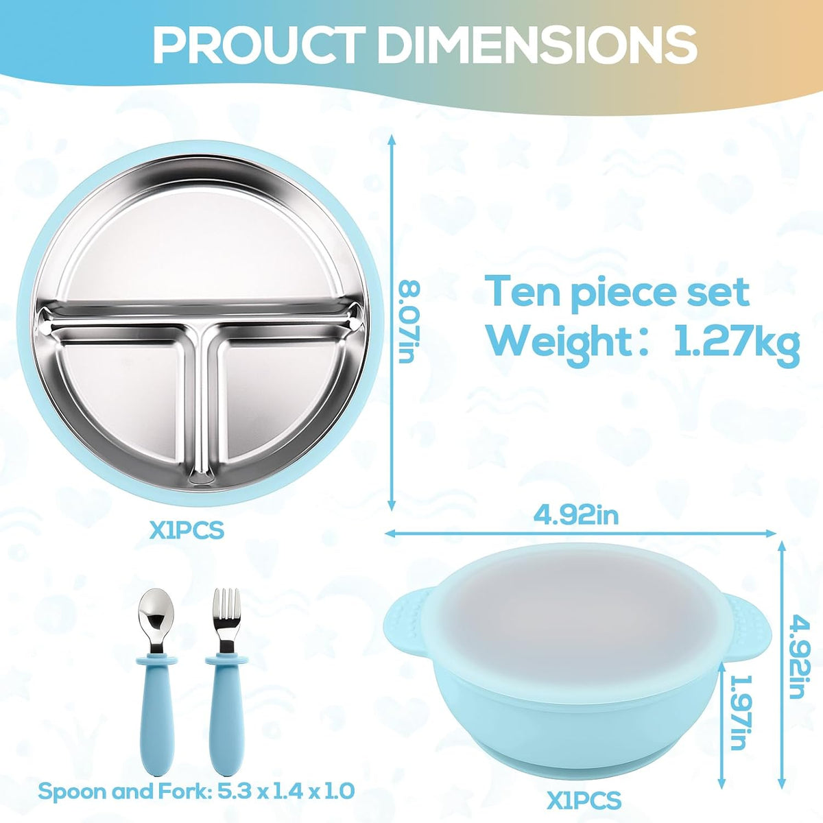 Stainless Steel & Silicone Toddler Plates and Bowls Set with Suction,5-Piece Suction Plates & Bowls for Toddler,Removable Shell,Silicones Baby Plates for Independent Eating(Light Blue) ﻿