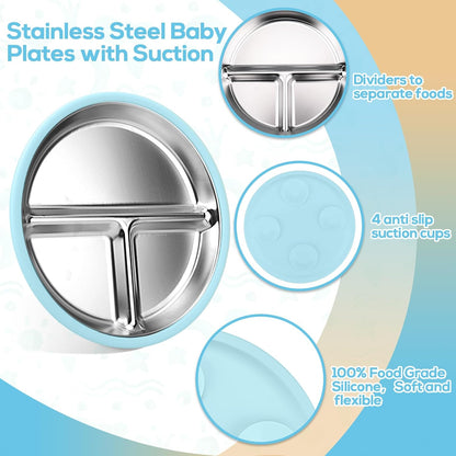 Stainless Steel & Silicone Toddler Plates and Bowls Set with Suction,5-Piece Suction Plates & Bowls for Toddler,Removable Shell,Silicones Baby Plates for Independent Eating(Light Blue) ﻿