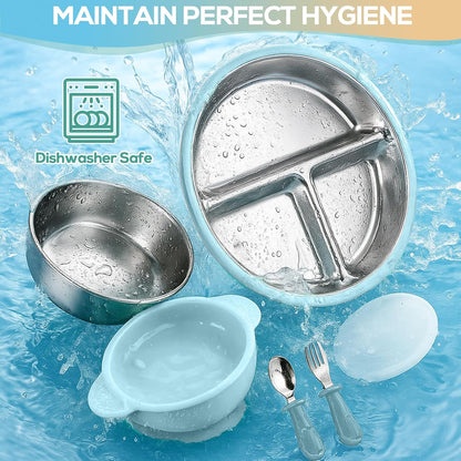 Stainless Steel & Silicone Toddler Plates and Bowls Set with Suction,5-Piece Suction Plates & Bowls for Toddler,Removable Shell,Silicones Baby Plates for Independent Eating(Light Blue) ﻿