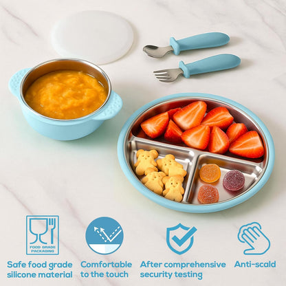 Stainless Steel & Silicone Toddler Plates and Bowls Set with Suction,5-Piece Suction Plates & Bowls for Toddler,Removable Shell,Silicones Baby Plates for Independent Eating(Light Blue) ﻿