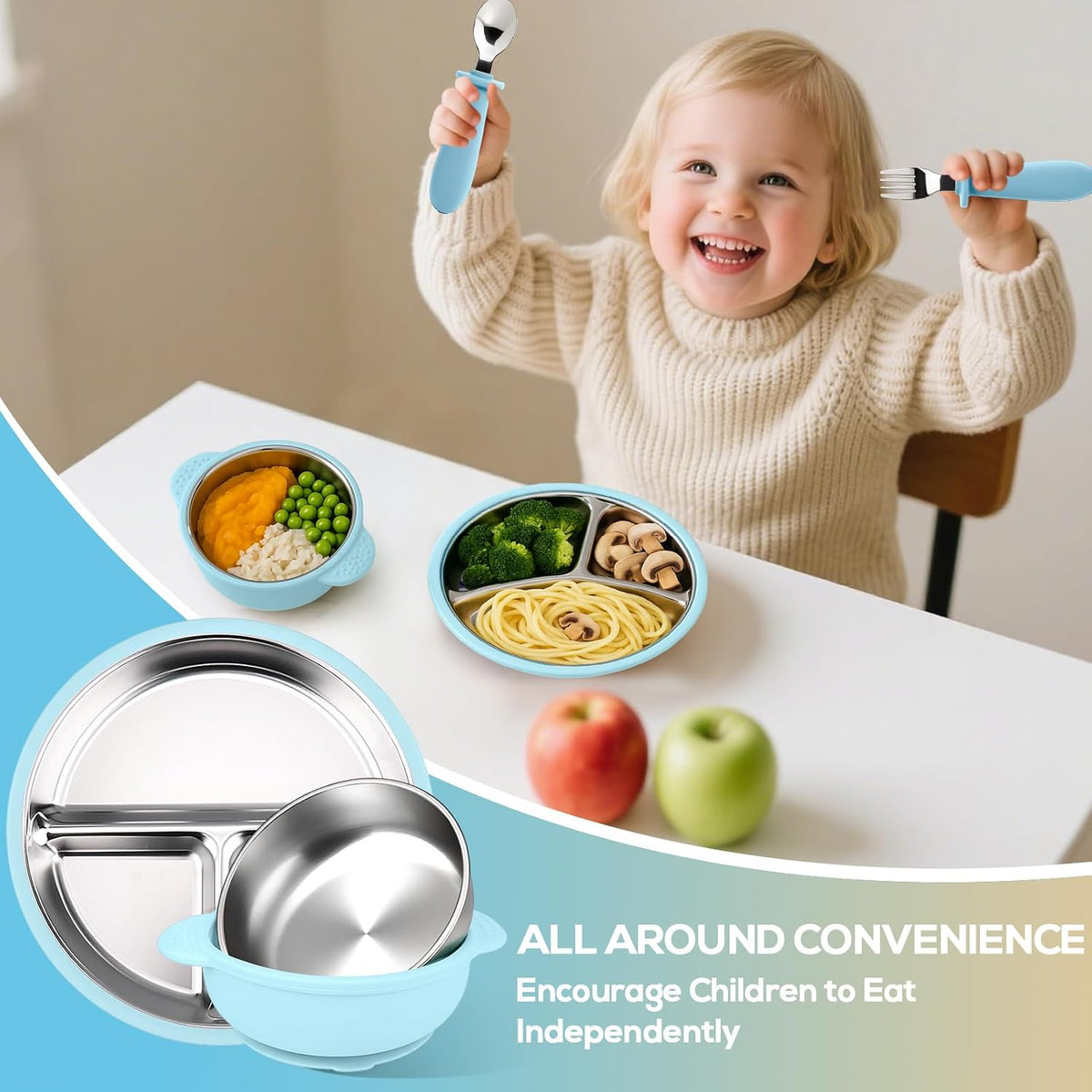 Stainless Steel & Silicone Toddler Plates and Bowls Set with Suction,5-Piece Suction Plates & Bowls for Toddler,Removable Shell,Silicones Baby Plates for Independent Eating(Light Blue) ﻿