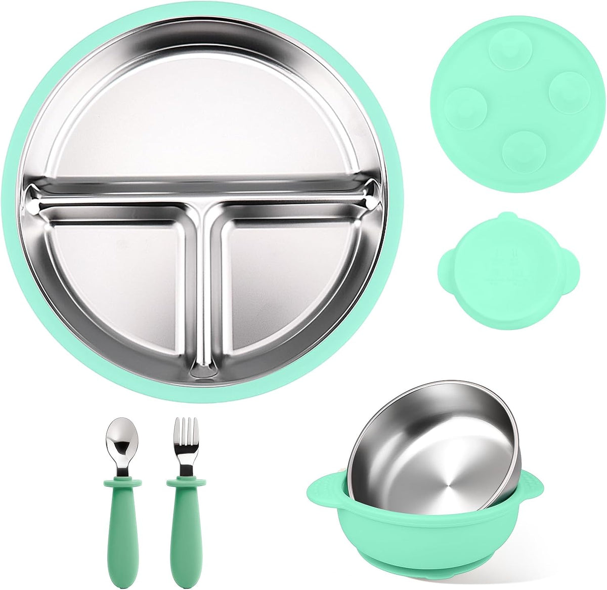Stainless Steel & Silicone Toddler Plates and Bowls Set with Suction,5-Piece Suction Plates & Bowls for Toddler,Removable Shell,Silicones Baby Plates for Independent Eating(Light Blue) ﻿