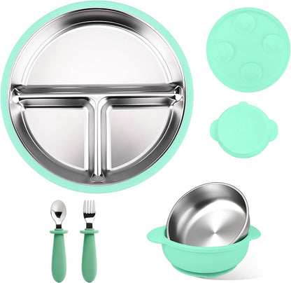 Stainless Steel & Silicone Toddler Plates and Bowls Set with Suction,5-Piece Suction Plates & Bowls for Toddler,Removable Shell,Silicones Baby Plates for Independent Eating(Light Blue) ﻿