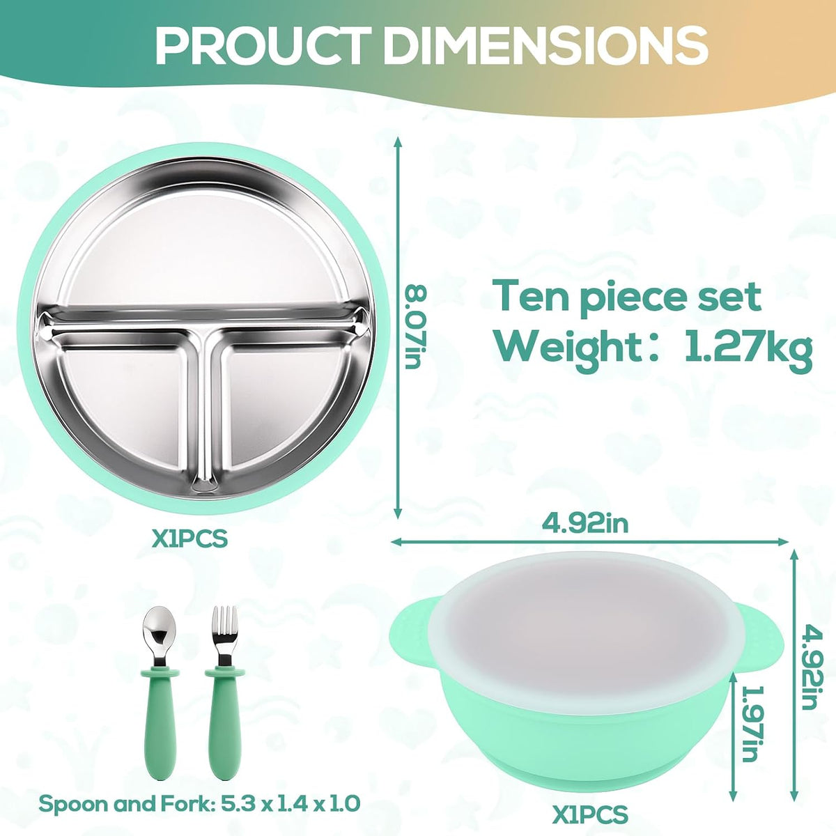 Stainless Steel & Silicone Toddler Plates and Bowls Set with Suction,5-Piece Suction Plates & Bowls for Toddler,Removable Shell,Silicones Baby Plates for Independent Eating(Light Blue) ﻿