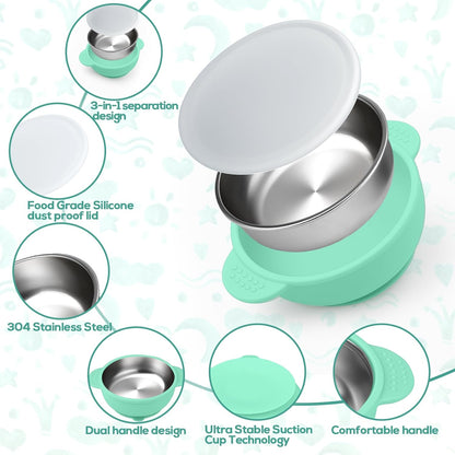 Stainless Steel & Silicone Toddler Plates and Bowls Set with Suction,5-Piece Suction Plates & Bowls for Toddler,Removable Shell,Silicones Baby Plates for Independent Eating(Light Blue) ﻿