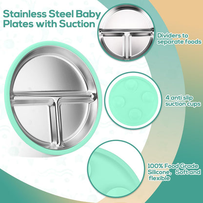 Stainless Steel & Silicone Toddler Plates and Bowls Set with Suction,5-Piece Suction Plates & Bowls for Toddler,Removable Shell,Silicones Baby Plates for Independent Eating(Light Blue) ﻿
