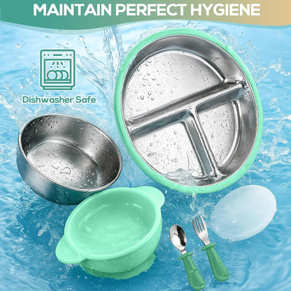 Stainless Steel & Silicone Toddler Plates and Bowls Set with Suction,5-Piece Suction Plates & Bowls for Toddler,Removable Shell,Silicones Baby Plates for Independent Eating(Light Blue) ﻿