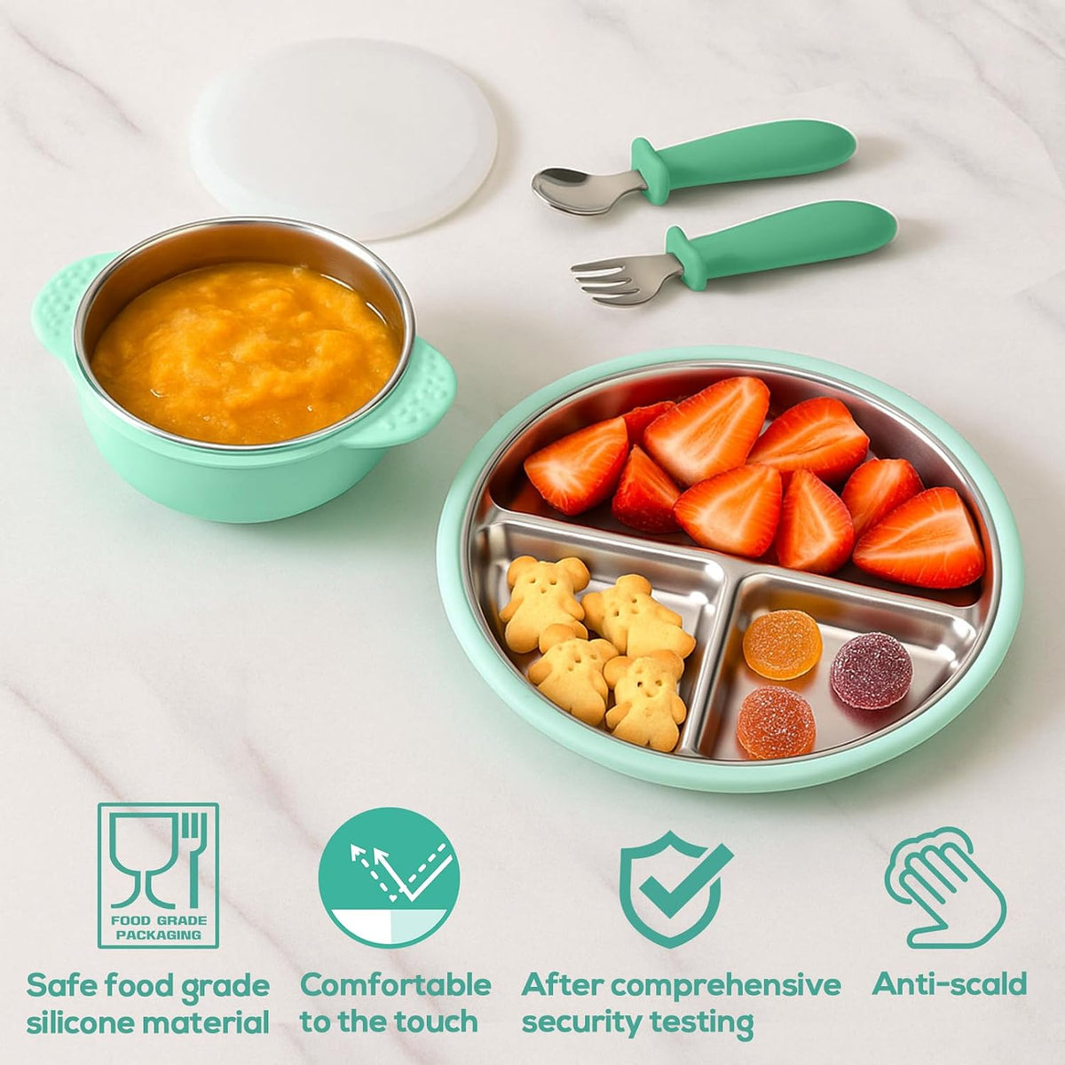 Stainless Steel & Silicone Toddler Plates and Bowls Set with Suction,5-Piece Suction Plates & Bowls for Toddler,Removable Shell,Silicones Baby Plates for Independent Eating(Light Blue) ﻿