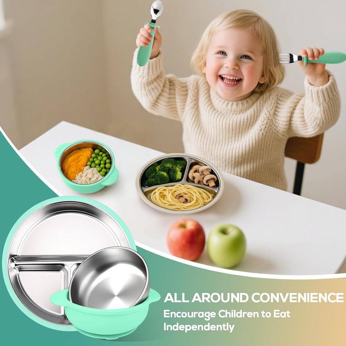Stainless Steel & Silicone Toddler Plates and Bowls Set with Suction,5-Piece Suction Plates & Bowls for Toddler,Removable Shell,Silicones Baby Plates for Independent Eating(Light Blue) ﻿
