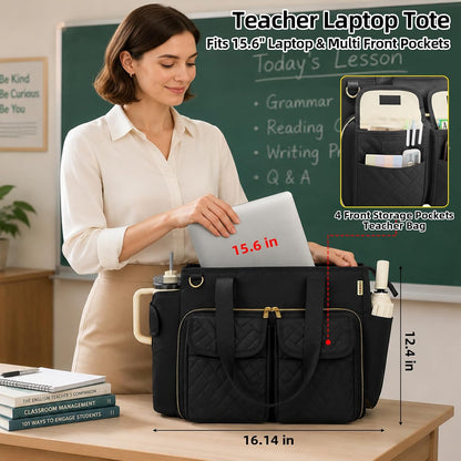 Covkev Teacher Tote Bag for Women, 15.6 Inch Laptop Work Utility Bag, Soft Nylon Teacher Organizer with Multiple Pockets, Large Cup Holder& Shoulder Strap, Teacher Supplies Office Tote Bag (Pink)