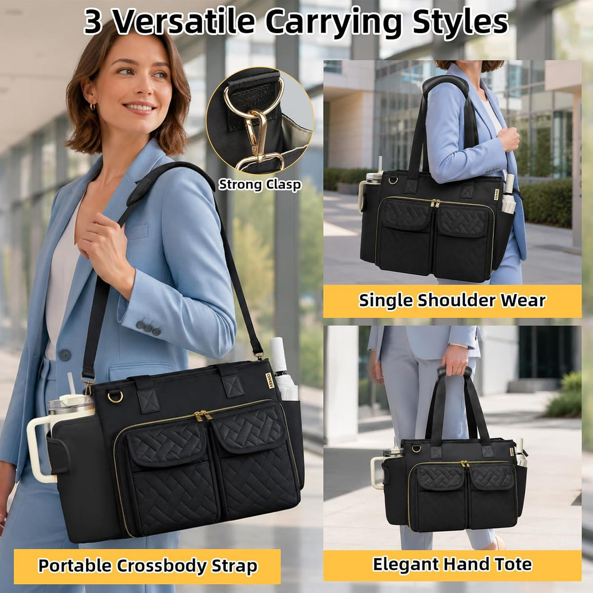 Covkev Teacher Tote Bag for Women, 15.6 Inch Laptop Work Utility Bag, Soft Nylon Teacher Organizer with Multiple Pockets, Large Cup Holder& Shoulder Strap, Teacher Supplies Office Tote Bag (Pink)