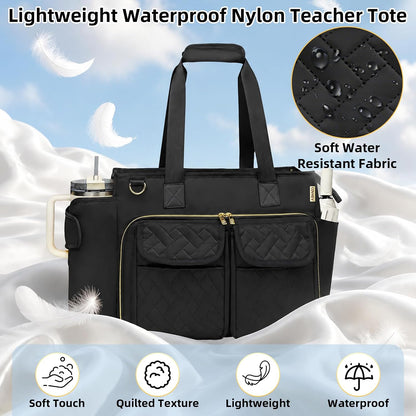 Covkev Teacher Tote Bag for Women, 15.6 Inch Laptop Work Utility Bag, Soft Nylon Teacher Organizer with Multiple Pockets, Large Cup Holder& Shoulder Strap, Teacher Supplies Office Tote Bag (Pink)
