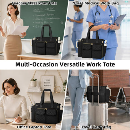 Covkev Teacher Tote Bag for Women, 15.6 Inch Laptop Work Utility Bag, Soft Nylon Teacher Organizer with Multiple Pockets, Large Cup Holder& Shoulder Strap, Teacher Supplies Office Tote Bag (Pink)
