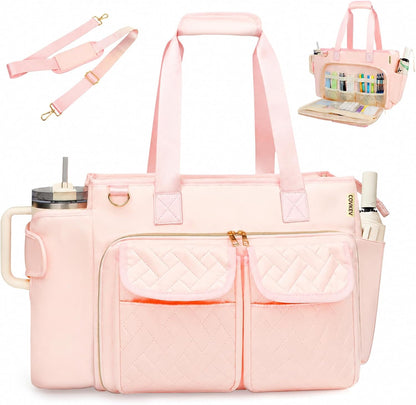 Covkev Teacher Tote Bag for Women, 15.6 Inch Laptop Work Utility Bag, Soft Nylon Teacher Organizer with Multiple Pockets, Large Cup Holder& Shoulder Strap, Teacher Supplies Office Tote Bag (Pink)