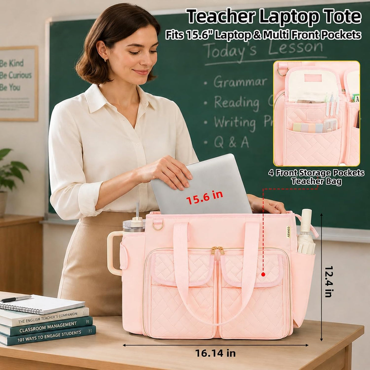 Covkev Teacher Tote Bag for Women, 15.6 Inch Laptop Work Utility Bag, Soft Nylon Teacher Organizer with Multiple Pockets, Large Cup Holder& Shoulder Strap, Teacher Supplies Office Tote Bag (Pink)