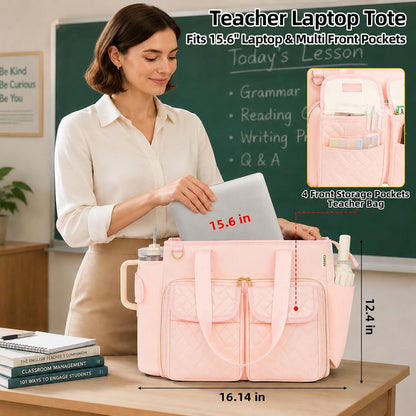 Covkev Teacher Tote Bag for Women, 15.6 Inch Laptop Work Utility Bag, Soft Nylon Teacher Organizer with Multiple Pockets, Large Cup Holder& Shoulder Strap, Teacher Supplies Office Tote Bag (Pink)