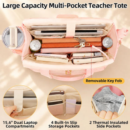 Covkev Teacher Tote Bag for Women, 15.6 Inch Laptop Work Utility Bag, Soft Nylon Teacher Organizer with Multiple Pockets, Large Cup Holder& Shoulder Strap, Teacher Supplies Office Tote Bag (Pink)