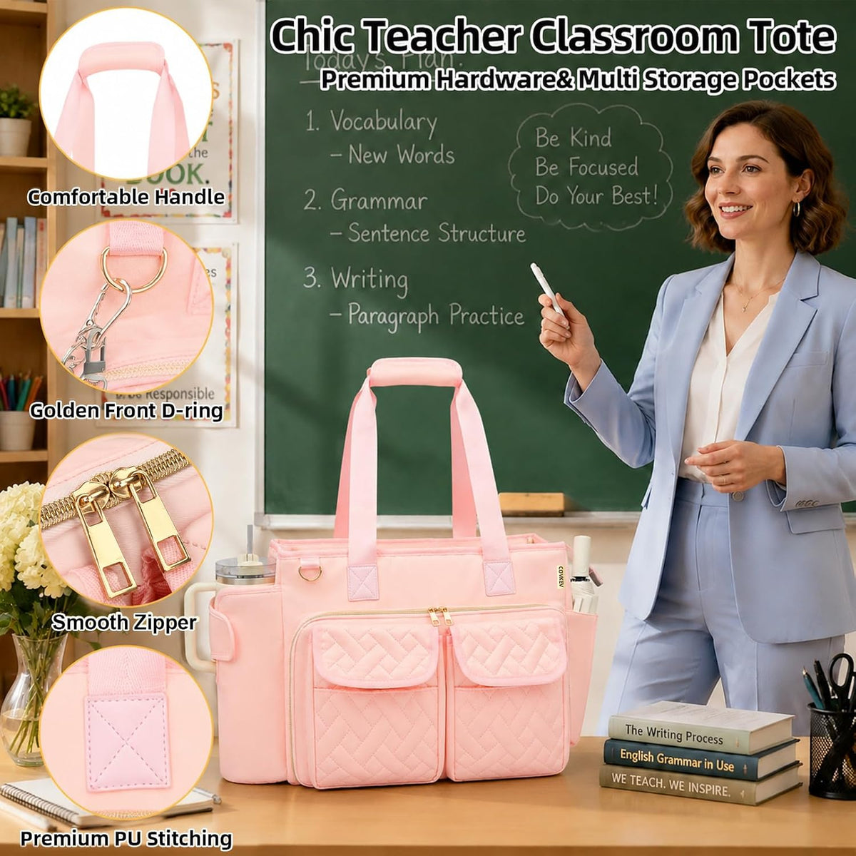 Covkev Teacher Tote Bag for Women, 15.6 Inch Laptop Work Utility Bag, Soft Nylon Teacher Organizer with Multiple Pockets, Large Cup Holder& Shoulder Strap, Teacher Supplies Office Tote Bag (Pink)