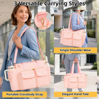 Covkev Teacher Tote Bag for Women, 15.6 Inch Laptop Work Utility Bag, Soft Nylon Teacher Organizer with Multiple Pockets, Large Cup Holder& Shoulder Strap, Teacher Supplies Office Tote Bag (Pink)