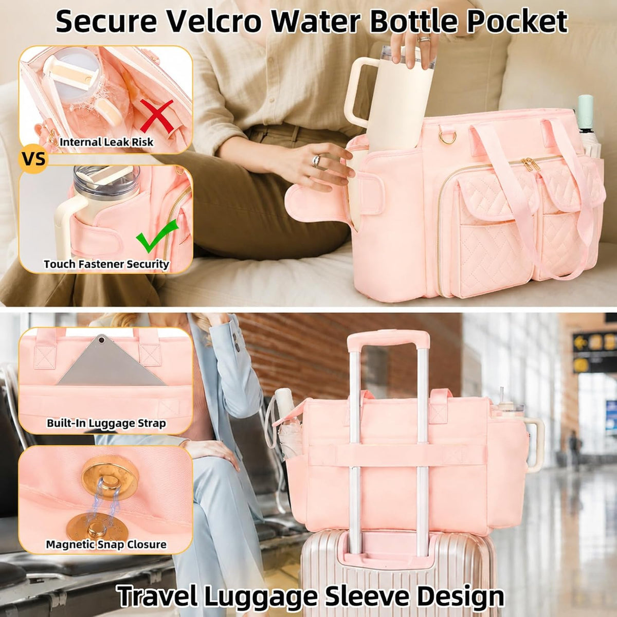 Covkev Teacher Tote Bag for Women, 15.6 Inch Laptop Work Utility Bag, Soft Nylon Teacher Organizer with Multiple Pockets, Large Cup Holder& Shoulder Strap, Teacher Supplies Office Tote Bag (Pink)