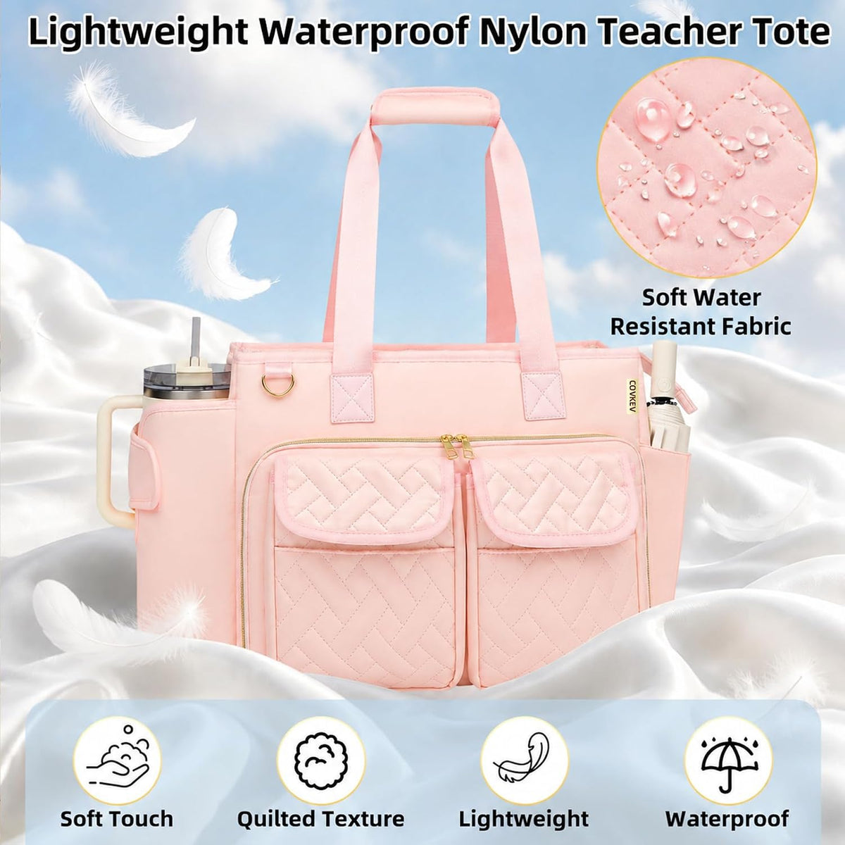 Covkev Teacher Tote Bag for Women, 15.6 Inch Laptop Work Utility Bag, Soft Nylon Teacher Organizer with Multiple Pockets, Large Cup Holder& Shoulder Strap, Teacher Supplies Office Tote Bag (Pink)