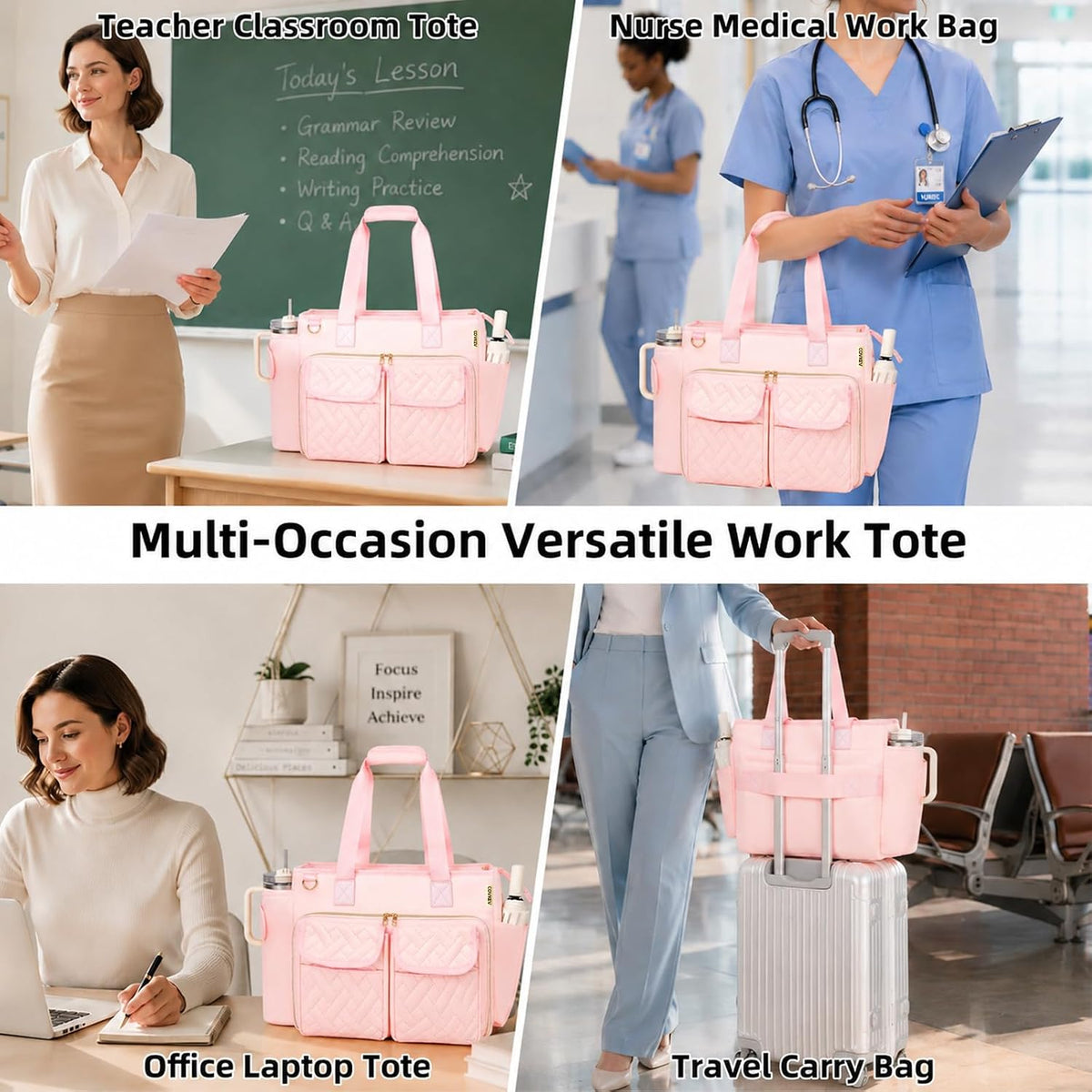 Covkev Teacher Tote Bag for Women, 15.6 Inch Laptop Work Utility Bag, Soft Nylon Teacher Organizer with Multiple Pockets, Large Cup Holder& Shoulder Strap, Teacher Supplies Office Tote Bag (Pink)