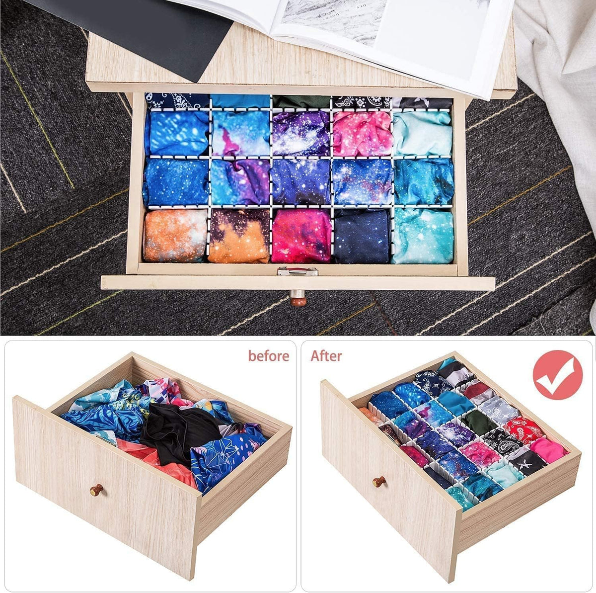 Drawer Dividers, Adjustable Drawer Organizer for Socks, Underwear, Makeup, Can Help Tidy Kitchen, Bedroom, Dresser Black