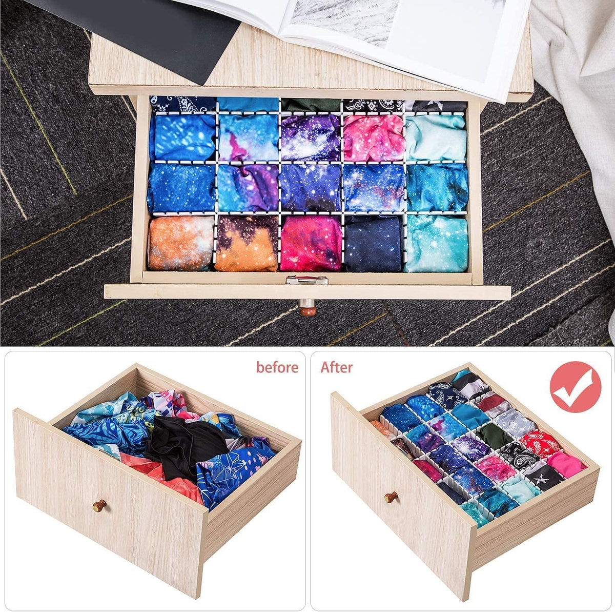 Drawer Dividers, Adjustable Drawer Organizer for Socks, Underwear, Makeup, Can Help Tidy Kitchen, Bedroom, Dresser Black