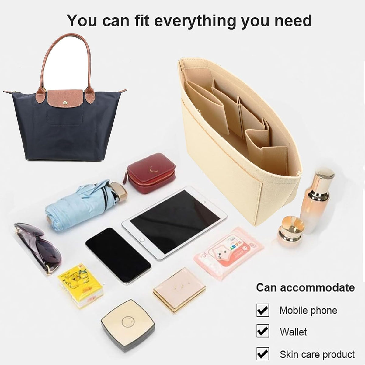 Purse Organizer Insert for longchamp(Small) shor thandle Handbags Organizer 1012Beige-S