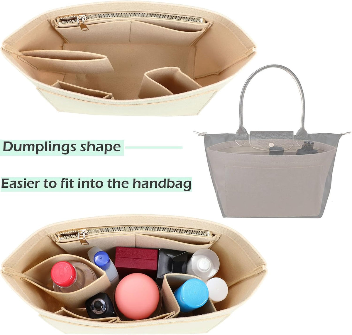 Purse Organizer Insert for longchamp(Small) shor thandle Handbags Organizer 1012Beige-S