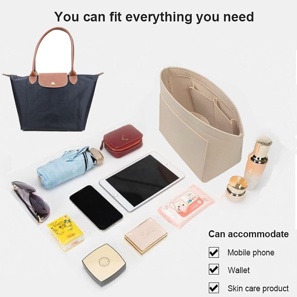 Purse Organizer Insert for longchamp(Small) shor thandle Handbags Organizer 1012Beige-S