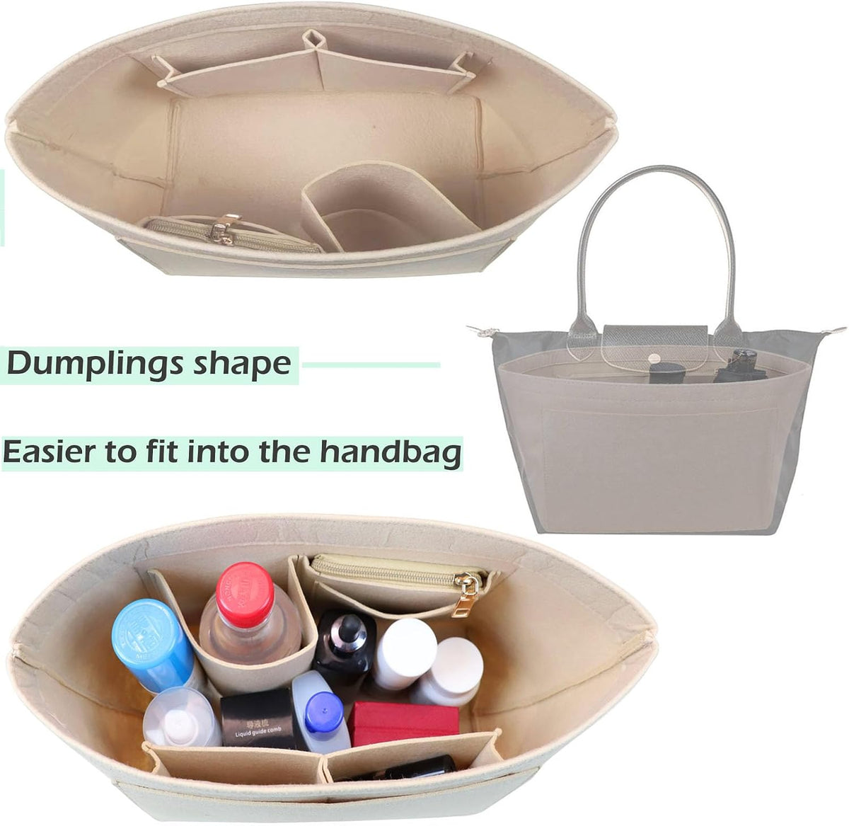 Purse Organizer Insert for longchamp(Small) shor thandle Handbags Organizer 1012Beige-S