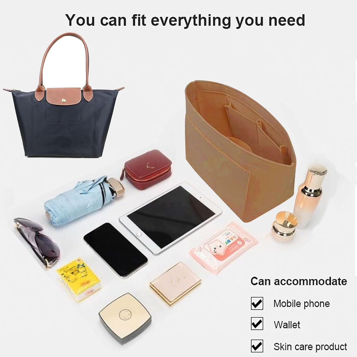 Purse Organizer Insert for longchamp(Small) shor thandle Handbags Organizer 1012Beige-S