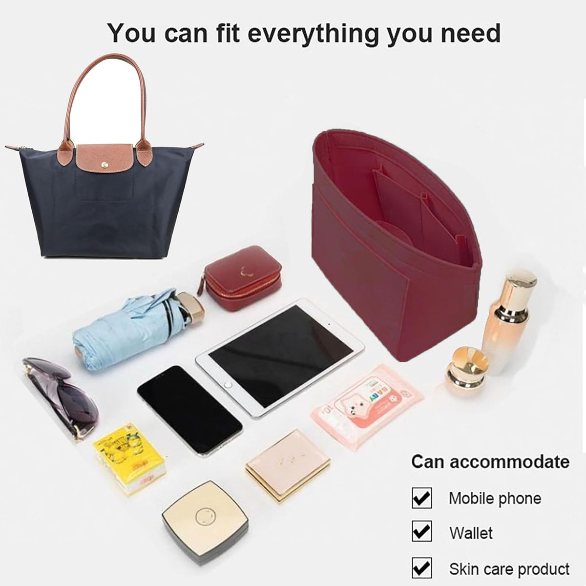 Purse Organizer Insert for longchamp(Small) shor thandle Handbags Organizer 1012Beige-S