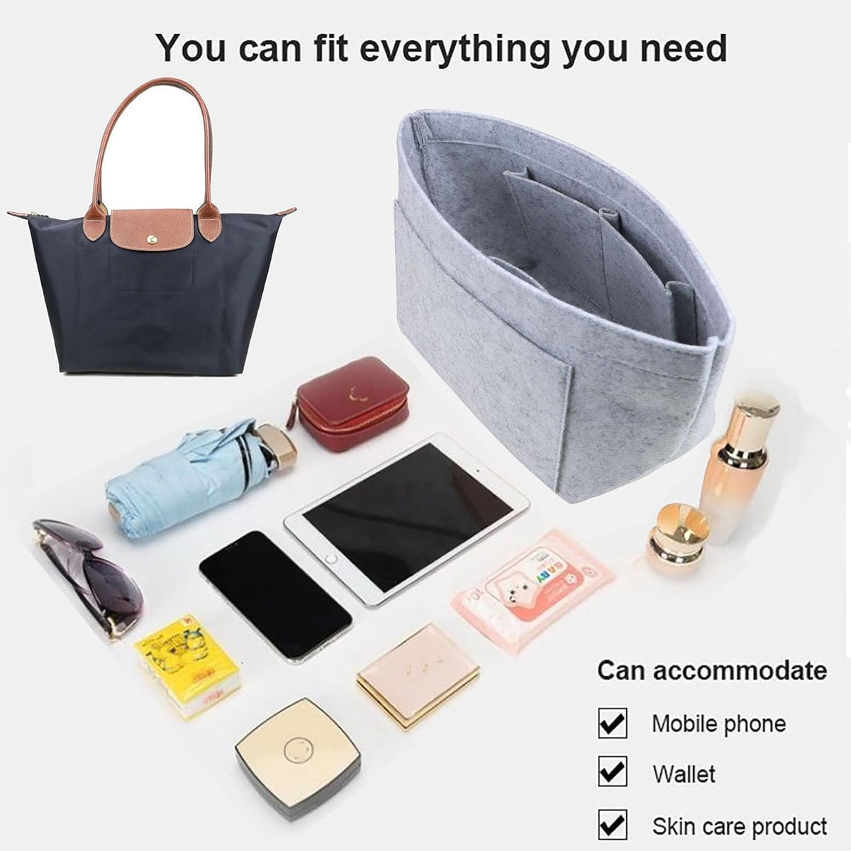 Purse Organizer Insert for longchamp(Small) shor thandle Handbags Organizer 1012Beige-S